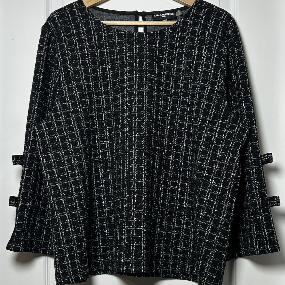 Karl Lagerfeld‎ Paris Black Silver Boucle Grid Bow Cuff 3/4 Sleeve Knit Top